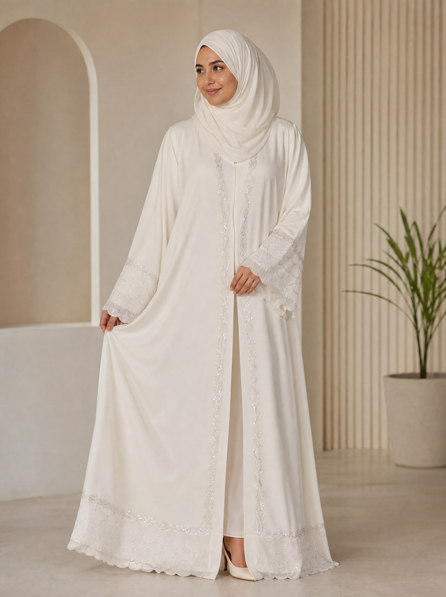 Ivory off-white wedding abaya with lace and sequin border