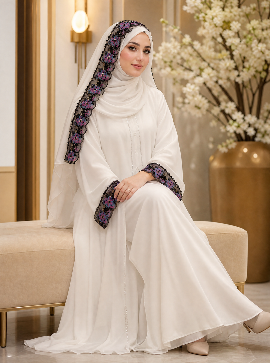 White abaya with black floral lace trim on hijab and cuffs