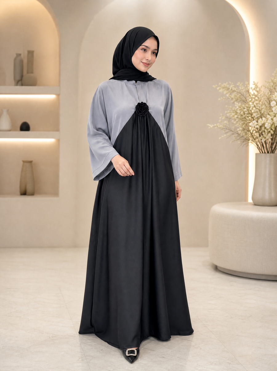 Dual-tone grey and black kaftan abaya with rosette brooch