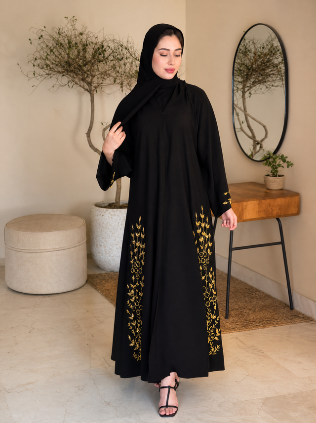 Black bridal abaya with golden floral embroidery
