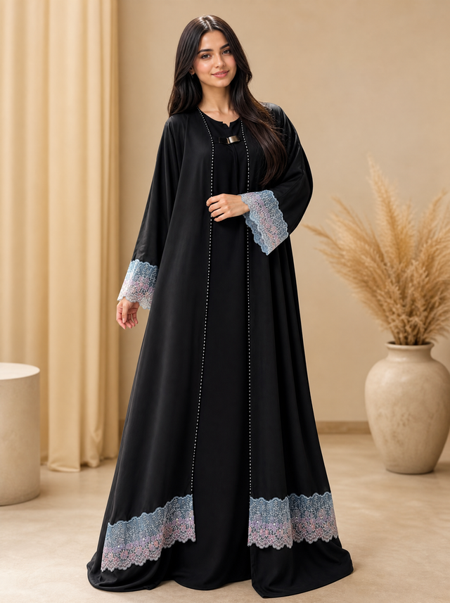Black layered shrug-style abaya with lace hem and cuff trim