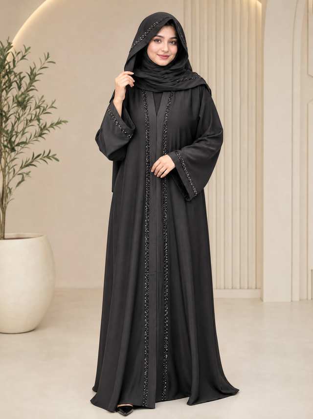 Charcoal grey abaya with beaded front trim and hood-style hijab