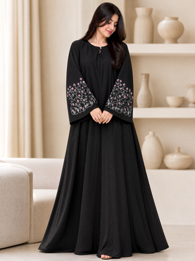 Black abaya with pink floral embroidery on sleeve cuffs