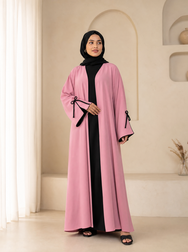 Soft pink open-front abaya cardigan with black bow-tie cuffs