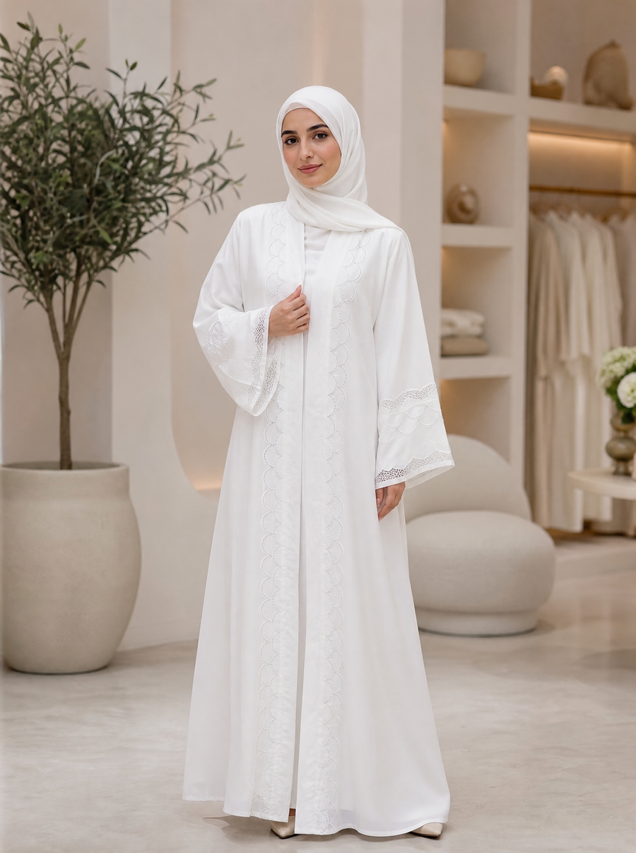 White front-close abaya with scalloped lace trim